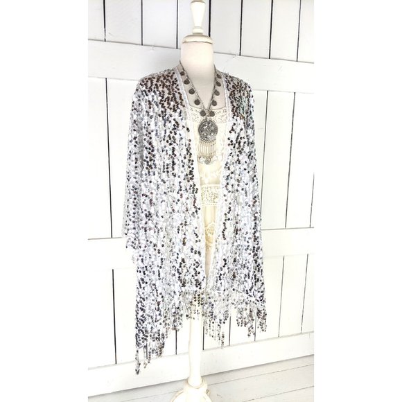 White silver round fringe tassel sequin kimono cover up cardigan jacket - Picture 2 of 5